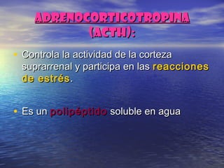 AdrenocorticotropinaAdrenocorticotropina
(ACTH):(ACTH):
• Controla la actividad de la cortezaControla la actividad de la corteza
suprarrenal y participa en lassuprarrenal y participa en las reaccionesreacciones
de estrésde estrés..
• Es unEs un polipéptidopolipéptido soluble en aguasoluble en agua
 