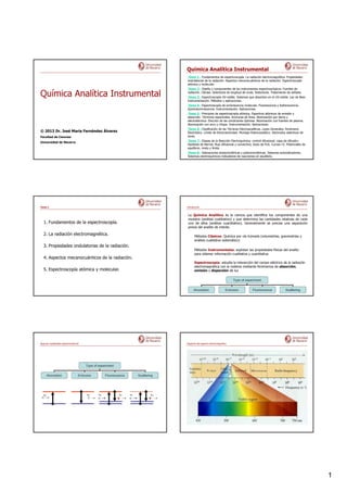 1
Química Analítica Instrumental
© 2013 Dr. José María Fernández Álvarez
Facultad de Ciencias
Universidad de Navarra
Química Analítica Instrumental
Tema 1.- Fundamentos de espectroscopía. La radiación electromagnética. Propiedades
ondulatorias de la radiación. Aspectos mecanocuánticos de la radiación. Espectroscopía
atómica y molecular.
Tema 2.- Diseño y componentes de los instrumentos espectroscópicos. Fuentes de
radiación. Células. Selectores de longitud de onda. Detectores. Tratamiento de señales.
Tema 3.- Espectroscopía UV-visible. Sistemas que absorben en el UV-visible. Ley de Beer.
Instrumentación. Métodos y aplicaciones.
Tema 4.- Espectroscopía de luminiscencia molecular. Fluorescencia y fosforescencia.
Quimioluminiscencia. Instrumentación. Aplicaciones.
Tema 5.- Principios de espectroscopía atómica. Espectros atómicos de emisión y
absorción. Términos espectrales. Anchuras de línea. Atomización por llama y
electrotérmica. Elección de las condiciones óptimas. Atomización con fuentes de plasma.
Atomización con arco y chispa. Instrumentación. Aplicaciones.
Tema 6.- Clasificación de las Técnicas Electroanalíticas. Leyes Generales. Fenómeno
Electródico. Límite de Electroactividad. Montaje Potenciostático. Electrodos selectivos de
iones.
Tema 7.- Etapas de la Reacción Electroquímica: control difusional; capa de difusión;
hipótesis de Nernst; flujo difusional y convectivo; leyes de Fick. Curvas i-E. Potenciales de
equilibrio, mixto y límite.
Tema 8.- Valoraciones amperométricas y potenciométricas. Sistemas autoindicadores.
Sistemas electroquímicos indicadores de reacciones en equilibrio.
Tema 1.
1. Fundamentos de la espectroscopía.
2. La radiación electromagnética.
3. Propiedades ondulatorias de la radiación.
4. Aspectos mecanocuánticos de la radiación.
5. Espectroscopía atómica y molecular.
Introducción
La Química Analítica es la ciencia que identifica los componentes de una
muestra (análisis cualitiativo) y que determina las cantidades relativas de cada
uno de ellos (análisis cuantitativo). Generalmente se precisa una separación
previa del analito de interés.
Métodos Clásicos: Química por vía húmeda (volumetrías, gravimetrías y
análisis cualitativo sistemático)
Métodos Instrumentales: explotan las propiedades físicas del analito
para obtener información cualitativa y cuantitativa
Espectroscopía: estudia la interacción del campo eléctrico de la radiación
electromagnética con la materia mediante fenómenos de absorción,
emisión y dispersión de luz
Algunas modalidades espectrométricas Regiones del espectro electromagnético
 