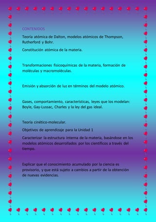 CONTENIDOS
Teoría atómica de Dalton, modelos atómicos de Thompson,
Rutherford y Bohr.
Constitución atómica de la materia.
Transformaciones fisicoquímicas de la materia, formación de
moléculas y macromoléculas.
Emisión y absorción de luz en términos del modelo atómico.
Gases, comportamiento, características, leyes que los modelan:
Boyle, Gay-Lussac, Charles y la ley del gas ideal.
Teoría cinético-molecular.
Objetivos de aprendizaje para la Unidad 1
Caracterizar la estructura interna de la materia, basándose en los
modelos atómicos desarrollados por los científicos a través del
tiempo.
Explicar que el conocimiento acumulado por la ciencia es
provisorio, y que está sujeto a cambios a partir de la obtención
de nuevas evidencias.
 