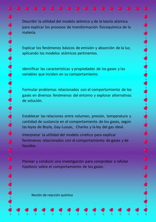 Describir la utilidad del modelo atómico y de la teoría atómica
para explicar los procesos de transformación fisicoquímica de la
materia.
Explicar los fenómenos básicos de emisión y absorción de la luz,
aplicando los modelos atómicos pertinentes.
Identificar las características y propiedades de los gases y las
variables que inciden en su comportamiento.
Formular problemas relacionados con el comportamiento de los
gases en diversos fenómenos del entorno y explorar alternativas
de solución.
Establecer las relaciones entre volumen, presión, temperatura y
cantidad de sustancia en el comportamiento de los gases, según
las leyes de Boyle, Gay-Lussac, Charles y la ley del gas ideal.
Interpretar la utilidad del modelo cinético para explicar
fenómenos relacionados con el comportamiento de gases y de
líquidos.
Planear y conducir una investigación para comprobar o refutar
hipótesis sobre el comportamiento de los gases.
Noción de reacción química
 