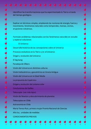 Identificar las transformaciones queha experimentado la Tierra a través
del tiempo geológico.
Explicar en términos simples, empleando las nociones de energía, fuerza y
movimiento, fenómenos naturales como temporales, mareas, sismos,
erupciones volcánicas.
Formular problemas relacionados con los fenómenos naturales en estudio
y explorar soluciones
El Universo
Desarrollo histórico de las concepciones sobreel Universo
Procesos evolutivos en la Tierra y en el Universo
Origen y evolución del Universo
El big bang
Paradoja de Olbers
Visión del Universo en distintas culturas
Visión heliocéntrica y geocéntrica en Grecia Antigua
Visión del Universo en la Edad Media
La propuesta de Copérnico
Origen y evolución del sistema solar
Conclusiones de Galileo
Telescopio (ver más lejos)
Visión de Newton y descubrimiento de planetas
Telescopios en Chile
Astronomía en Chile
María Teresa Ruiz, primera mujer Premio Nacional de Ciencias
Año luz, unidades de medidas
CONOCIMIENTOS PREVIOS
 