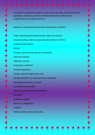 Describir el surgimiento progresivo deformas de vida a través del tiempo
geológico, desde las primeras manifestaciones de la vida hasta el
surgimiento de la especie humana.
Explicar el carácter provisorio del conocimiento científico.
ÍndicerelacionadoDistintas teorías sobrela evolución
Línea de tiempo sobrela evolución de la vida en la Tierra
Evolución del hombre
Fósiles
Pruebas sobrela evolución de las especies
Teoría de Darwin
Selección natural
Evolución y ambiente
Influencia genética
Teorías sobreel origen de la vida
Estudio del ADN y su mecanismo de replicación
Reproducción sexual y asexual
Sexualidad responsable
Reproducción sexuada en mamíferos
Clonación
Anatomía vegetal
Biomasa y indigestión
Anfibios
Tabla periódica de los elementos
 