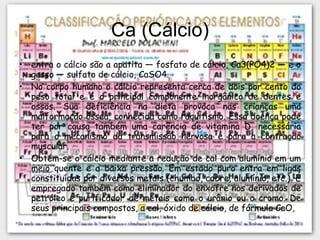 Ca (Cálcio) entra o cálcio são a apatita — fosfato de cálcio, Ca3(PO4)2 — e o gesso — sulfato de cálcio, CaSO4. No corpo humano o cálcio representa cerca de dois por cento do peso total e é o principal componente inorgânico de dentes e ossos. Sua deficiência na dieta provoca nas crianças uma malformação óssea, conhecida como raquitismo. Essa doença pode ter por causa também uma carência de vitamina D, necessária para o mecanismo da transmissão nervosa e para a contração muscular. Obtém-se o cálcio mediante a redução de cal com alumínio em um meio quente e a baixa pressão. Em estado puro entra em ligas constituídas por diversos metais (chumbo, cobre, alumínio, etc.). É empregado também como eliminador do enxofre nos derivados de petróleo e purificador de metais como o urânio ou o cromo. De seus principais compostos, a cal, óxido de cálcio, de fórmula CaO,  