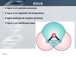 ÁGUA A água é um solvente universal. A água é um regulador de temperatura. A água participa de reações químicas A água é um lubrificante ideal 