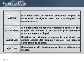 Polissacarídeos Componente do exoesqueleto dos crustáceos e insetos. QUITINA Constitui o principal componente estrutural da parede celular das células vegetais. Não servem como fonte de energia. CELULOSE É a substância de reserva energética animal e dos fungos. No homem é encontrado principalmente nos músculos e no fígado. GLICOGÊNIO É a substância de reserva energética vegetal. É encontrado no trigo, no arroz, na batata-inglesa, na mandioca, etc. AMIDO 