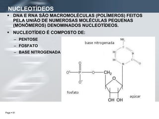 NUCLEOTÍDEOS DNA E RNA SÃO MACROMOLÉCULAS (POLÍMEROS) FEITOS PELA UNIÃO DE NUMEROSAS MOLÉCULAS PEQUENAS (MONÔMEROS) DENOMINADOS NUCLEOTÍDEOS. NUCLEOTÍDEO É COMPOSTO DE: PENTOSE FOSFATO BASE NITROGENADA 