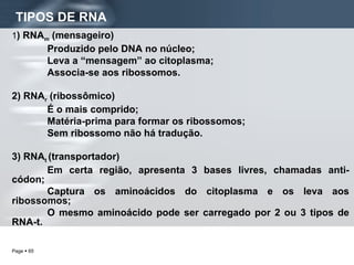 TIPOS DE RNA 1 ) RNA m  (mensageiro) Produzido pelo DNA no núcleo; Leva a “mensagem” ao citoplasma; Associa-se aos ribossomos. 2) RNA r  (ribossômico) É o mais comprido; Matéria-prima para formar os ribossomos; Sem ribossomo não há tradução. 3) RNA t  (transportador)  Em certa região, apresenta 3 bases livres, chamadas anti-códon; Captura os aminoácidos do citoplasma e os leva aos ribossomos; O mesmo aminoácido pode ser carregado por 2 ou 3 tipos de RNA-t. 