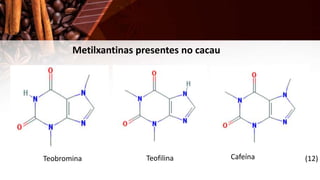 Cafeína (12)
Teofilina
Teobromina
Metilxantinas presentes no cacau
 