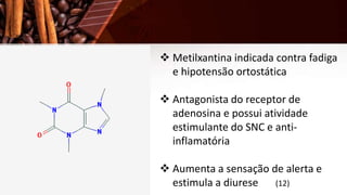  Metilxantina indicada contra fadiga
e hipotensão ortostática
 Antagonista do receptor de
adenosina e possui atividade
estimulante do SNC e anti-
inflamatória
 Aumenta a sensação de alerta e
estimula a diurese (12)
 