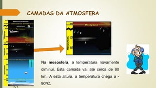 CAMADAS DA ATMOSFERA
Na mesosfera, a temperatura novamente
diminui. Esta camada vai até cerca de 80
km. A esta altura, a temperatura chega a -
90ºC.
 