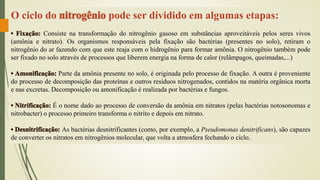 O ciclo do nitrogênio pode ser dividido em algumas etapas:
• Fixação: Consiste na transformação do nitrogênio gasoso em substâncias aproveitáveis pelos seres vivos
(amônia e nitrato). Os organismos responsáveis pela fixação são bactérias (presentes no solo), retiram o
nitrogênio do ar fazendo com que este reaja com o hidrogênio para formar amônia. O nitrogênio também pode
ser fixado no solo através de processos que liberem energia na forma de calor (relâmpagos, queimadas,...)
• Amonificação: Parte da amônia presente no solo, é originada pelo processo de fixação. A outra é proveniente
do processo de decomposição das proteínas e outros resíduos nitrogenados, contidos na matéria orgânica morta
e nas excretas. Decomposição ou amonificação é realizada por bactérias e fungos.
• Nitrificação: É o nome dado ao processo de conversão da amônia em nitratos (pelas bactérias notosonomas e
nitrobacter) o processo primeiro transforma o nitrito e depois em nitrato.
• Desnitrificação: As bactérias desnitrificantes (como, por exemplo, a Pseudomonas denitrificans), são capazes
de converter os nitratos em nitrogênios molecular, que volta a atmosfera fechando o ciclo.
 