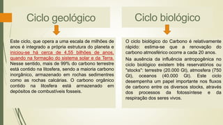 Ciclo geológico
Este ciclo, que opera a uma escala de milhões de
anos é integrado a própria estrutura do planeta e
iniciou-se há cerca de 4,55 bilhões de anos,
quando na formação do sistema solar e da Terra.
Nesse sentido, mais de 99% do carbono terrestre
está contido na litosfera, sendo a maioria carbono
inorgânico, armazenado em rochas sedimentres
como as rochas calcárias. O carbono orgânico
contido na litosfera está armazenado em
depósitos de combustíveis fosseis.
Ciclo biológico
O ciclo biológico do Carbono é relativamente
rápido: estima-se que a renovação do
carbono atmosférico ocorre a cada 20 anos.
Na ausência da influência antropogênica no
ciclo biológico existem três reservatórios ou
"stocks": terrestre (20.000 Gt), atmosfera (750
Gt), oceanos (40.000 Gt). Este ciclo
desempenha um papel importante nos fluxos
de carbono entre os diversos stocks, através
dos processos da fotossíntese e da
respiração dos seres vivos.
 