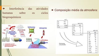  Composição média da atmosfera:
 Interferência das atividades
humanas sobre os ciclos
biogeoquímicos
 