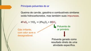 Principais poluentes do ar
Queima de carvão, gasolina e combustíveis similares
oxida hidrocarbonetos, mas também suas impurezas.
4FeS2 + 11O2  2Fe2O3 + 8SO2
Poluente de
ar primário
Poluente gerado como
resultado direto de uma
atividade específica.
Gás irritante,
com odor acre e
desagradável.
 