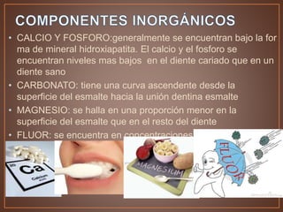 • CALCIO Y FOSFORO:generalmente se encuentran bajo la for
ma de mineral hidroxiapatita. El calcio y el fosforo se
encuentran niveles mas bajos en el diente cariado que en un
diente sano
• CARBONATO: tiene una curva ascendente desde la
superficie del esmalte hacia la unión dentina esmalte
• MAGNESIO: se halla en una proporción menor en la
superficie del esmalte que en el resto del diente
• FLUOR: se encuentra en concentraciones relativamente altas
en la capa del esmalte.
 