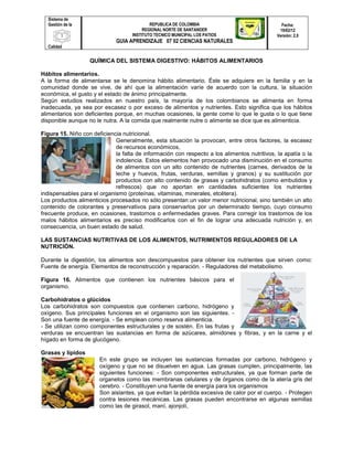 Sistema de
  Gestión de la                             REPUBLICA DE COLOMBIA                              Fecha:
                                         REGIONAL NORTE DE SANTANDER                          19/02/12
        1                           INSTITUTO TECNICO MUNICIPAL LOS PATIOS                   Versión: 2.0
                             GUIA APRENDIZAJE 07 02 CIENCIAS NATURALES
  Calidad


                   QUÍMICA DEL SISTEMA DIGESTIVO: HÁBITOS ALIMENTARIOS

Hábitos alimentarios.
A la forma de alimentarse se le denomina hábito alimentario. Éste se adquiere en la familia y en la
comunidad donde se vive, de ahí que la alimentación varíe de acuerdo con la cultura, la situación
económica, el gusto y el estado de ánimo principalmente.
Según estudios realizados en nuestro país, la mayoría de los colombianos se alimenta en forma
inadecuada, ya sea por escasez o por exceso de alimentos y nutrientes. Esto significa que los hábitos
alimentarios son deficientes porque, en muchas ocasiones, la gente come lo que le gusta o lo que tiene
disponible aunque no le nutra. A la comida que realmente nutre o alimente se dice que es alimenticia.

Figura 15. Niño con deficiencia nutricional.
                             Generalmente, esta situación la provocan, entre otros factores, la escasez
                             de recursos económicos,
                             la falta de información con respecto a los alimentos nutritivos, la apatía o la
                             indolencia. Estos elementos han provocado una disminución en el consumo
                             de alimentos con un alto contenido de nutrientes (carnes, derivados de la
                             leche y huevos, frutas, verduras, semillas y granos) y su sustitución por
                             productos con alto contenido de grasas y carbohidratos (como embutidos y
                             refrescos) que no aportan en cantidades suficientes los nutrientes
indispensables para el organismo (proteínas, vitaminas, minerales, etcétera).
Los productos alimenticios procesados no sólo presentan un valor menor nutricional, sino también un alto
contenido de colorantes y preservativos para conservarlos por un determinado tiempo, cuyo consumo
frecuente produce, en ocasiones, trastornos o enfermedades graves. Para corregir los trastornos de los
malos hábitos alimentarios es preciso modificarlos con el fin de lograr una adecuada nutrición y, en
consecuencia, un buen estado de salud.

LAS SUSTANCIAS NUTRITIVAS DE LOS ALIMENTOS, NUTRIMENTOS REGULADORES DE LA
NUTRICIÓN.

Durante la digestión, los alimentos son descompuestos para obtener los nutrientes que sirven como:
Fuente de energía. Elementos de reconstrucción y reparación. - Reguladores del metabolismo.

Figura 16. Alimentos que contienen los nutrientes básicos para el
organismo.

Carbohidratos o glúcidos
Los carbohidratos son compuestos que contienen carbono, hidrógeno y
oxígeno. Sus principales funciones en el organismo son las siguientes. -
Son una fuente de energía. - Se emplean como reserva alimenticia.
- Se utilizan como componentes estructurales y de sostén. En las frutas y
verduras se encuentran las sustancias en forma de azúcares, almidones y fibras, y en la carne y el
hígado en forma de glucógeno.

Grasas y lípidos
                       En este grupo se incluyen las sustancias formadas por carbono, hidrógeno y
                       oxígeno y que no se disuelven en agua. Las grasas cumplen, principalmente, las
                       siguientes funciones: - Son componentes estructurales, ya que forman parte de
                       organelos como las membranas celulares y de órganos como de la atería gris del
                       cerebro. - Constituyen una fuente de energía para los organismos
                       Son aislantes, ya que evitan la pérdida excesiva de calor por el cuerpo. - Protegen
                       contra lesiones mecánicas. Las grasas pueden encontrarse en algunas semillas
                       como las de girasol, maní, ajonjolí,
 