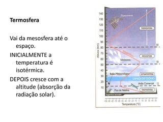 Termosfera
Vai da mesosfera até o
espaço.
INICIALMENTE a
temperatura é
isotérmica.
DEPOIS cresce com a
altitude (absorção da
radiação solar).
 