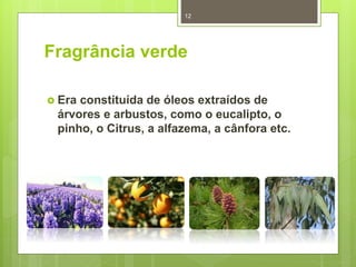 Fragrância verde
 Era constituída de óleos extraídos de
árvores e arbustos, como o eucalipto, o
pinho, o Citrus, a alfazema, a cânfora etc.
12
 