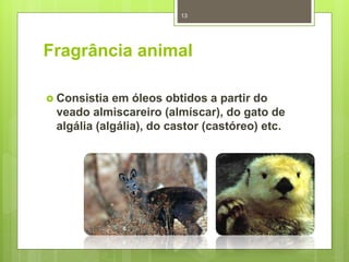 Fragrância animal
 Consistia em óleos obtidos a partir do
veado almiscareiro (almíscar), do gato de
algália (algália), do castor (castóreo) etc.
13
 