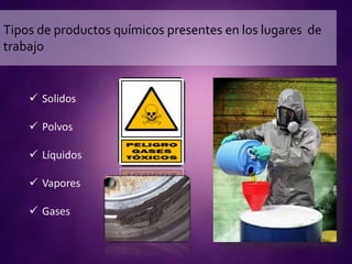 Tipos de productos químicos presentes en los lugares de
trabajo
 Solidos
 Polvos
 Líquidos
 Vapores
 Gases
 