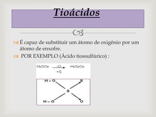 Tioácidos
                       
 É capaz de substituir um átomo de oxigênio por um
  átomo de enxofre.
 POR EXEMPLO (Ácido tiossulfúrico) :
 