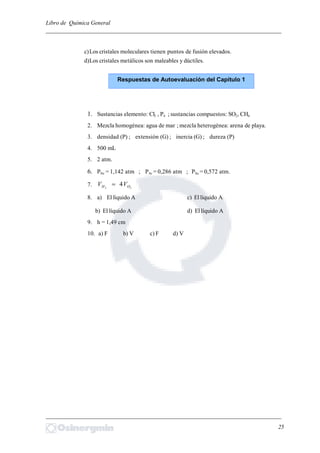 Libro de Química General
_________________________________________________________________________
c)Los cristales moleculares tienen puntos de fusión elevados.
d)Los cristales metálicos son maleables y dúctiles.
1. Sustancias elemento: Cl2 , P4 ; sustancias compuestos: SO2, CH4
2. Mezcla homogénea: agua de mar ; mezcla heterogénea: arena de playa.
3. densidad (P) ; extensión (G) ; inercia (G) ; dureza (P)
4. 500 mL
5. 2 atm.
6. PNe = 1,142 atm ; PAr = 0,286 atm ; PXe = 0,572 atm.
7. 22
4 OH VV 
8. a) El líquido A c) El líquido A
b) El líquido A d) El líquido A
9. h = 1,49 cm
10. a) F b) V c) F d) V
_________________________________________________________________________
25
Respuestas de Autoevaluación del Capítulo 1
 