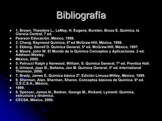 BibliografBibliografííaa
1. Brown, Theodore L., LeMay, H. Eugene, Bursten, Bruce E. Química, la
Ciencia Central, 7 ed.
Pearson Educación, México, 1998.
2. Chang, Raymond Química, 6ª ed McGraw-Hill, México, 1999.
3. Ebbing, Darrell D. Química General, 5ª ed. McGraw-Hill, México, 1997.
4. Moore, John W. El Mundo de la Química Conceptos y Aplicaciones. 2 ed.
Addison-Wesley,
México, 2000.
5. Petrucci Ralph y Harwood, William, S. Química General, 7ª ed. Prentice Hall.
6. Umland, Jean B., Bellama, Jon M. Química General, 3ª ed. International
Thomson, 2000.
7. Brady, James E. Química básica 2ª. Edición Limusa-Willey, México, 1999.
8. Sherman, Alan, Sherman, Sharon. Conceptos básicos de Química. 6ª ed.
C.E.C.S.A., México,
1999.
9. Spencer, James N., Bodner, George M., Rickard, Lymantl. Química,
estructura y dinámica,
CECSA, México, 2000.
 