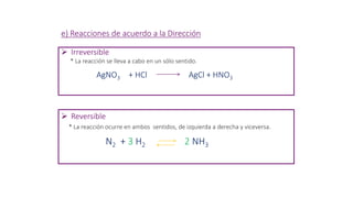  Irreversible
* La reacción se lleva a cabo en un sólo sentido.
AgNO3 + HCl AgCl + HNO3
 Reversible
* La reacción ocurre en ambos sentidos, de izquierda a derecha y viceversa.
N2 + 3 H2 2 NH3
e) Reacciones de acuerdo a la Dirección
 