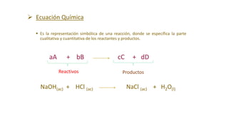  Ecuación Química
 Es la representación simbólica de una reacción, donde se específica la parte
cualitativa y cuantitativa de los reactantes y productos.
Reactivos Productos
aA + bB cC + dD
NaOH(ac) + HCl (ac) NaCl (ac) + H2O(l)
 