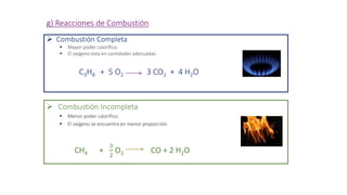  Combustión Completa
 Mayor poder calorífico.
 El oxígeno esta en cantidades adecuadas.
C3H8 + 5 O2 3 CO2 + 4 H2O
 Com...