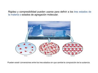 Pueden existir conversiones entre los tres estados sin que cambie la composición de la sustancia.
Rigidez y compresibilidad pueden usarse para definir a los tres estados de
la materia o estados de agregación molecular.
 