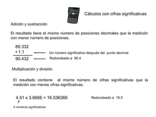 Adición y sustracción
El resultado tiene el mismo número de posiciones decimales que la medición
con menor número de posiciones.
89.332
1.1
+
90.432 Redondeado a 90.4
Un número significativo después del punto decimal.
Cálculos con cifras significativas
Multiplicación y división
El resultado contiene el mismo número de cifras significativas que la
medición con menos cifras significativas.
4.51 x 3.6666 = 16.536366 Redondeado a 16.5
3 números significativos
 