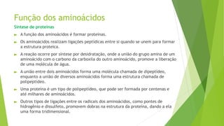 Função dos aminoácidos
Síntese de proteínas
► A função dos aminoácidos é formar proteínas.
► Os aminoácidos realizam ligações peptídicas entre si quando se unem para formar
a estrutura proteica.
► A reação ocorre por síntese por desidratação, onde a união do grupo amina de um
aminoácido com o carbono da carboxila do outro aminoácido, promove a liberação
de uma molécula de água.
► A união entre dois aminoácidos forma uma molécula chamada de dipeptídeo,
enquanto a união de diversos aminoácidos forma uma estrutura chamada de
polipeptídeo.
► Uma proteína é um tipo de polipeptídeo, que pode ser formada por centenas e
até milhares de aminoácidos.
► Outros tipos de ligações entre os radicais dos aminoácidos, como pontes de
hidrogênio e dissulfeto, promovem dobras na estrutura da proteína, dando a ela
uma forma tridimensional.
 