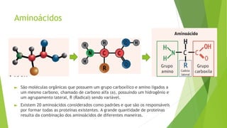 Aminoácidos
► São moléculas orgânicas que possuem um grupo carboxílico e amino ligados a
um mesmo carbono, chamado de carbono alfa (a), possuindo um hidrogênio e
um agrupamento lateral, R (Radical) sendo variável.
► Existem 20 aminoácidos considerados como padrões e que são os responsáveis
por formar todas as proteínas existentes. A grande quantidade de proteínas
resulta da combinação dos aminoácidos de diferentes maneiras.
 
