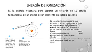 ENERGÍA DE IONIZACIÓN
• Es la energía necesaria para separar un electrón en su estado
fundamental de un átomo de un elemento en estado gaseoso
Si la energía es
mayor o igual a
la energía de
ionización del
berilio uno de
los electrones se
desprenderá.
1
1
2
Como
consecuencia del
desprendimiento
de un electrón se
formará el Berilio+
2
La energía mínima necesaria para
arrancar el primer electrón de la capa
de valencia viene definida como: “1°
energía de ionización”. Se pueden
incidir muchas energías por tanto:
Puede haber
𝑛𝑎
energías de ionización como
electrones haya en un átomo
Además
1𝑎
𝑒𝑛𝑒𝑟𝑔í𝑎 𝑑𝑒 𝑖𝑜𝑛𝑖𝑧𝑎𝑐𝑖ó𝑛 < 2𝑎
𝑒𝑛𝑒𝑟𝑔í𝑎 𝑑𝑒 𝑖𝑜𝑛𝑖𝑧𝑎𝑐𝑖ó𝑛 < 𝑛𝑎
𝑒𝑛𝑒𝑟𝑔í𝑎𝑠 𝑑𝑒 𝑖𝑜𝑛𝑖𝑧𝑎𝑐𝑖ó𝑛
como electrones haya en un
átomo
 