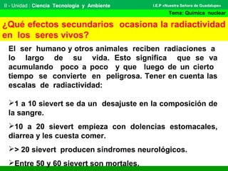 II - Unidad : Ciencia Tecnología y Ambiente
Tema: Química nuclear
I.E.P «Nuestra Señora de Guadalupe»
¿Qué efectos secundarios ocasiona la radiactividad
en los seres vivos?
El ser humano y otros animales reciben radiaciones a
lo largo de su vida. Esto significa que se va
acumulando poco a poco y que luego de un cierto
tiempo se convierte en peligrosa. Tener en cuenta las
escalas de radiactividad:
1 a 10 sievert se da un desajuste en la composición de
la sangre.
10 a 20 sievert empieza con dolencias estomacales,
diarrea y les cuesta comer.
> 20 sievert producen síndromes neurológicos.
Entre 50 y 60 sievert son mortales.
 