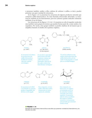 34   Química orgánica



     o presentar también, unidos a ellos, cadenas de carbono o anillos, es decir, pueden
     presentar una gran variedad de estructuras.
         En la Figura 1.14 se presentan las estructuras de algunos productos naturales que
     contienen anillos heterocíclicos. En estas fórmulas estructurales abreviadas, se mues-
     tran los símbolos de los heteroátomos, pero los carbonos quedan indicados solamente
     mediante el uso de líneas.
         Las estructuras de las figuras 1.12 a la 1.14 muestran no sólo el esqueleto molecular
     sino también varios grupos de átomos que pueden formar parte de, o estar unidos a los
     esqueletos. Por suerte, estos grupos también se pueden clasificar de tal manera que se
     simplifica bastante el estudio de la química orgánica.




     ■ FIGuRA 1.14
     Ejemplos de compuestos heterocíclicos naturales que presentan variedad de heteroátomos y de
     tamaños de anillo.
 
