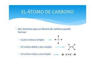 EL ÁTOMO DE CARBONO


∗ Así, tenemos que un átomo de carbono puede
  formar:

  ∗ Cuatro enlaces simples

  ∗ Un enlace doble y dos simples

  ∗ Un enlace triple y uno simple
 
