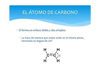 EL ÁTOMO DE CARBONO


∗ Si forma un enlace doble y dos simples:

  ∗ Lo hace de manera que todos están en el mismo plano,
    formando un ángulo de 120º
 