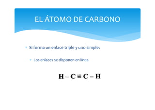 EL ÁTOMO DE CARBONO


∗ Si forma un enlace triple y uno simple:

  ∗ Los enlaces se disponen en línea
 