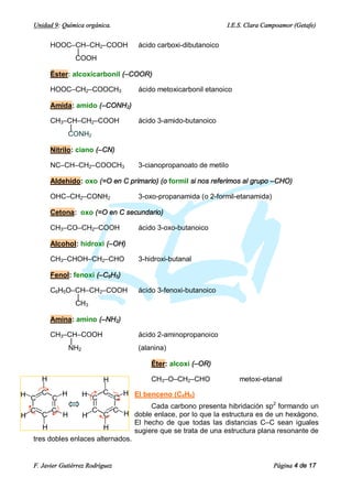 Unidad 9: Química orgánica.                                  I.E.S. Clara Campoamor (Getafe)


          HOOC–CH–CH2–COOH          ácido carboxi-dibutanoico
               |
               COOH

          Éster: alcoxicarbonil (–COOR)

          HOOC–CH2–COOCH3           ácido metoxicarbonil etanoico

          Amida: amido (–CONH2)

          CH3–CH–CH2–COOH           ácido 3-amido-butanoico
               |
              CONH2

          Nitrilo: ciano (–CN)

          NC–CH–CH2–COOCH3          3-cianopropanoato de metilo

          Aldehído: oxo (=O en C primario) (o formil si nos referimos al grupo –CHO)

          OHC–CH2–CONH2             3-oxo-propanamida (o 2-formil-etanamida)

          Cetona: oxo (=O en C secundario)

          CH3–CO–CH2–COOH           ácido 3-oxo-butanoico

          Alcohol: hidroxi (–OH)

          CH3–CHOH–CH2–CHO          3-hidroxi-butanal

          Fenol: fenoxi (–C6H5)

          C6H5O–CH–CH2–COOH         ácido 3-fenoxi-butanoico
                |
                CH3

          Amina: amino (–NH2)

          CH3–CH–COOH               ácido 2-aminopropanoico
               |
              NH2                   (alanina)

                                        Éter: alcoxi (–OR)

      H                     H           CH3–O–CH2–CHO               metoxi-etanal

H C C C H          H C C C H El benceno (C6H6)
                                        Cada carbono presenta hibridación sp2 formando un
  C      C           C       C H
H     C     H      H      C        doble enlace, por lo que la estructura es de un hexágono.
                                   El hecho de que todas las distancias C–C sean iguales
      H                   H        sugiere que se trata de una estructura plana resonante de
   tres dobles enlaces alternados.


   F. Javier Gutiérrez Rodríguez                                                Página 4 de 17
 