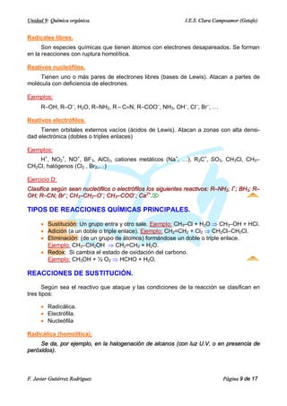 Unidad 9: Química orgánica.                                   I.E.S. Clara Campoamor (Getafe)


Radicales libres.
      Son especies químicas que tienen átomos con electrones desapareados. Se forman
en la reacciones con ruptura homolítica.

Reativos nucleófilos.
    Tienen uno o más pares de electrones libres (bases de Lewis). Atacan a partes de
molécula con deficiencia de electrones.

Ejemplos:
      R–OH, R–O–, H2O, R–NH2, R – CºN, R–COO–, NH3, OH–, Cl–, Br–, …

Reativos electrófilos.
     Tienen orbitales externos vacíos (ácidos de Lewis). Atacan a zonas con alta densi-
dad electrónica (dobles o triples enlaces)

Ejemplos:
    H+, NO2+, NO+, BF3, AlCl3, cationes metálicos (Na+, …), R3C+, SO3, CH3Cl, CH3–
CH2Cl, halógenos (Cl2 , Br2,…)

Ejercicio D:
Clasifica según sean nucleófilos o electrófilos los siguientes reactivos: R–NH2; I+; BH3; R–
OH; R–CN; Br–; CH3–CH2–O–; CH3–COO–; Ca2+.Ö

TIPOS DE REACCIONES QUÍMICAS PRINCIPALES.

      · Sustitución: Un grupo entra y otro sale. Ejemplo: CH3–Cl + H2O Þ CH3–OH + HCl.
      · Adición (a un doble o triple enlace). Ejemplo: CH2=CH2 + Cl2 Þ CH2Cl–CH2Cl.
      · Eliminación: (de un grupo de átomos) formándose un doble o triple enlace.
        Ejemplo: CH3–CH2OH Þ CH2=CH2 + H2O.
      · Redox: Si cambia el estado de oxidación del carbono.
        Ejemplo: CH3OH + ½ O2 Þ HCHO + H2O.

REACCIONES DE SUSTITUCIÓN.

       Según sea el reactivo que ataque y las condiciones de la reacción se clasifican en
tres tipos:

      · Radicálica.
      · Electrófila.
      · Nucleófila

Radicálica (homolítica):
     Se da, por ejemplo, en la halogenación de alcanos (con luz U.V. o en presencia de
peróxidos).



F. Javier Gutiérrez Rodríguez                                                 Página 9 de 17
 