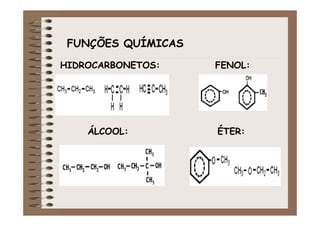 FUNÇÕES QUÍMICAS

HIDROCARBONETOS:    FENOL:




    ÁLCOOL:         ÉTER:
 