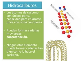 Hidrocarburos
- Los átomos de carbono
son únicos por su
capacidad para enlazarse
unos con otros con fuerza
- Pueden formar cadenas
muy largas:
concatenación.
- Ningún otro elemento
puede formar cadenas tan
bien como lo hace el
carbono.
 