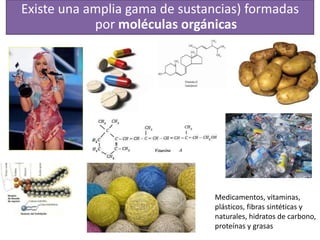 Existe una amplia gama de sustancias) formadas
por moléculas orgánicas
Medicamentos, vitaminas,
plásticos, fibras sintéticas y
naturales, hidratos de carbono,
proteínas y grasas
 