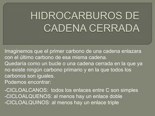 -CICLOALCANOS: todos los enlaces entre C son simples
-CICLOALQUENOS: al menos hay un enlace doble
-CICLOALQUINOS: al menos hay un enlace triple
Imaginemos que el primer carbono de una cadena enlazara
con el último carbono de esa misma cadena.
Quedaría como un bucle o una cadena cerrada en la que ya
no existe ningún carbono primario y en la que todos los
carbonos son iguales.
Podemos encontrar:
 