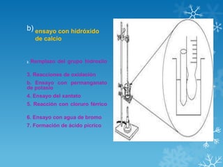 b) ensayo con hidróxido
de calcio

2.

Remplazo del grupo hidroxilo

3. Reacciones de oxidación
b. Ensayo con permanganato
de potasio
4. Ensayo del xantato
5. Reacción con cloruro férrico
6. Ensayo con agua de bromo
7. Formación de ácido pícrico

Marco teórico

 