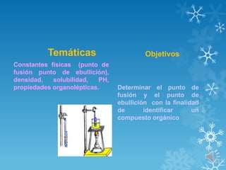 Temáticas
Constantes físicas (punto de
fusión punto de ebullición),
densidad,
solubilidad,
PH,
propiedades organolépticas.

Objetivos

Determinar el punto de
fusión y el punto de
ebullición con la finalidad
de
identificar
un
compuesto orgánico

 