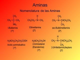 Aminas
Nomenclatura de las Aminas
CH3
CH3 C CH3
NH2
t-Butilamina
(1º)

H

CH3

CH3CH2 N CH3

CH3 N CHCH2CH3

Etilmetilamina
(2º)

CH3
sec-Butildimetilamina
(3º)
H

H2NCH2CH2CH2COOH
Acido y-aminobutírico
(1º)

H2NCH2CH2OH
2-Aminoetanol
(Etanolamina)
(1º)

CH3 N CH(CH2)4CH3
CH3
2-(N-Metilamino)heptano
(2º)

 