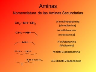 Aminas
Nomenclatura de las Aminas Secundarias
N-metilmetanamina
(dimetilamina)
N-metiletanamina
(metiletilamina)

N-etiletanamina
(dietilamina)

N-metil-3-pentanamina
N,3-dimetil-2-butanamina

 
